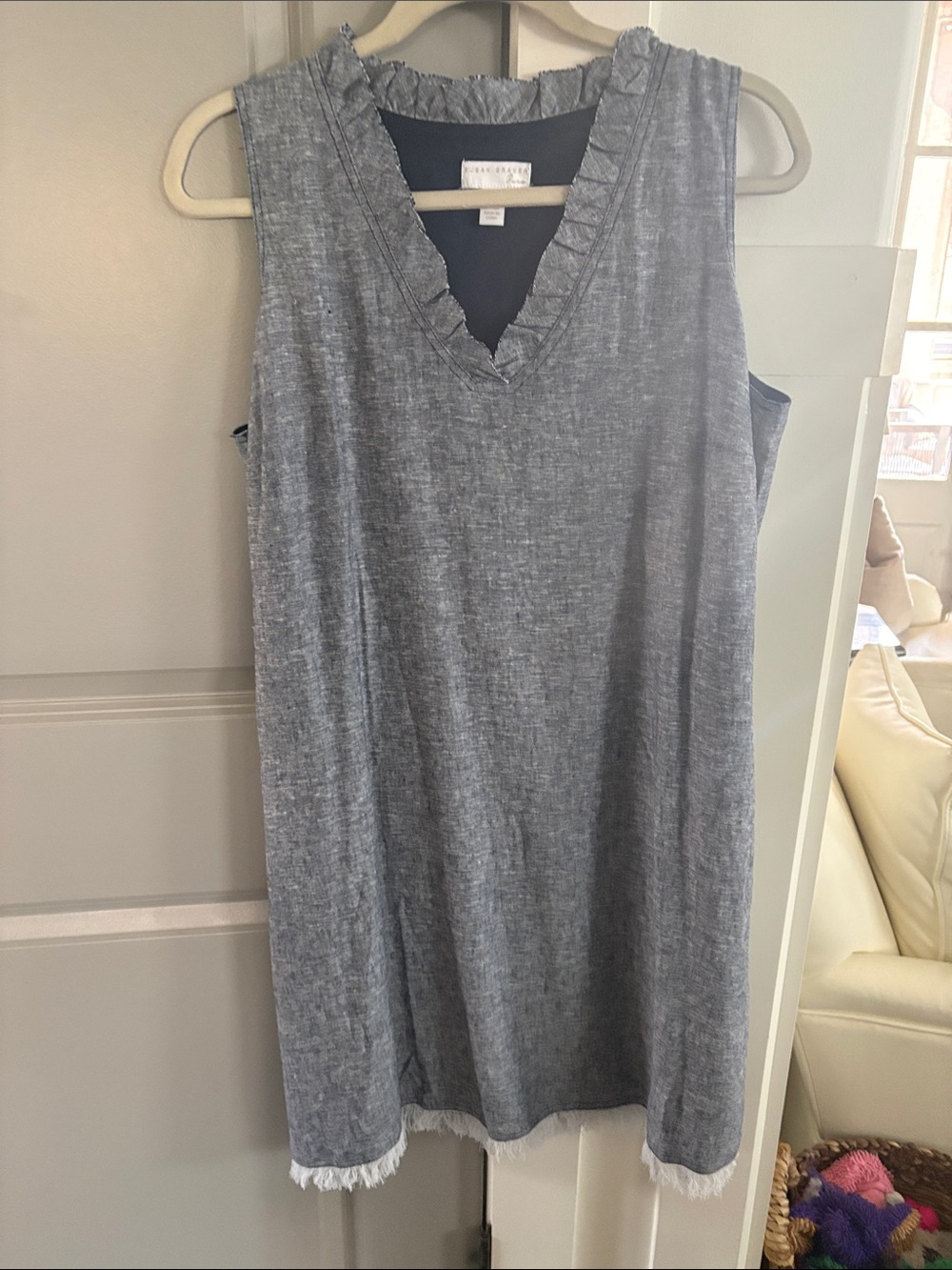 Susan Graver Heathered Navy Ruffle V-Neck Shift Dress Size LP – Sleeveless Cotto